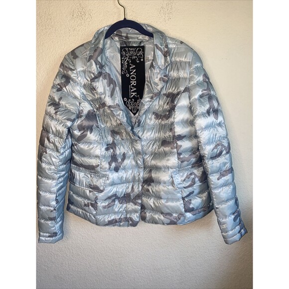 Anorak feather duck Down Puffer Camo Blue Snap Jacket Packable Large NWOT - Picture 1 of 13